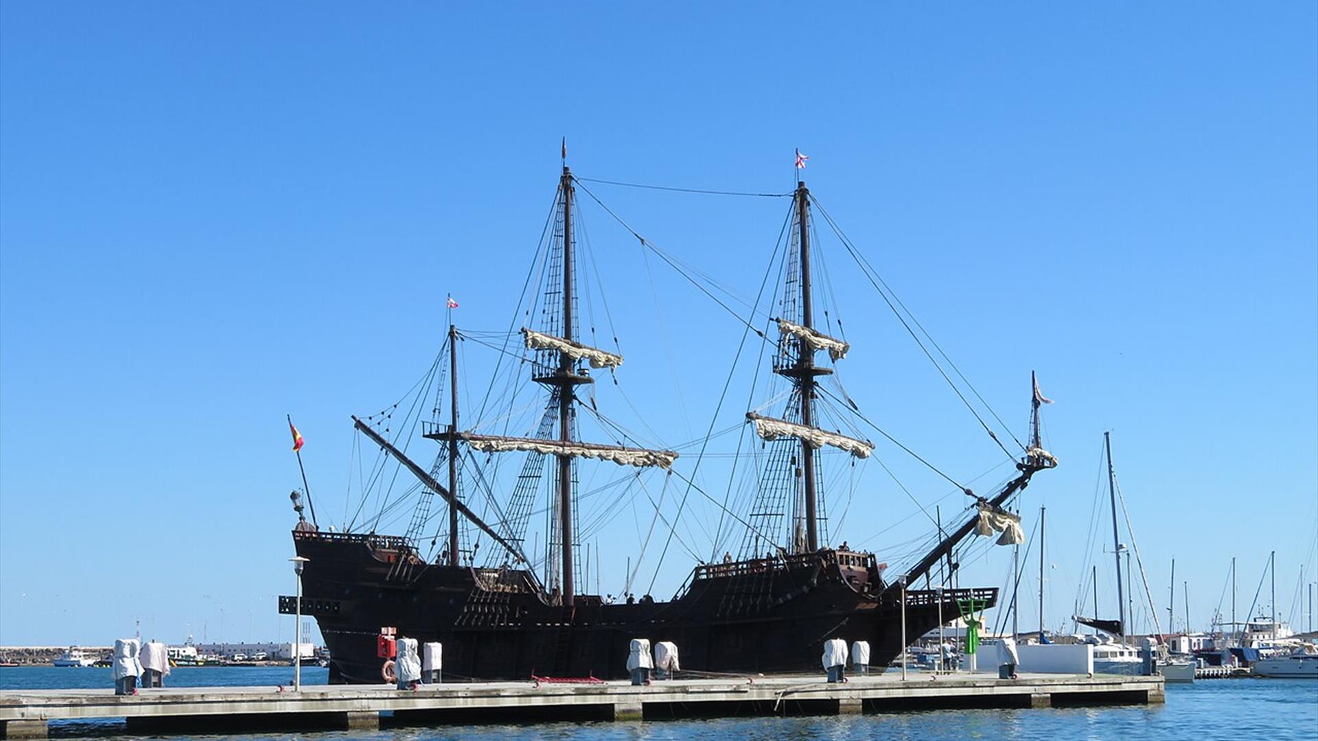 the Galeón Andalucía, moored at a harbour the Galeón Andalucía, moored at a harbour