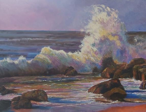 painting of a wave crashing against coastal rocks