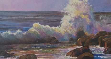 painting of a wave crashing against coastal rocks