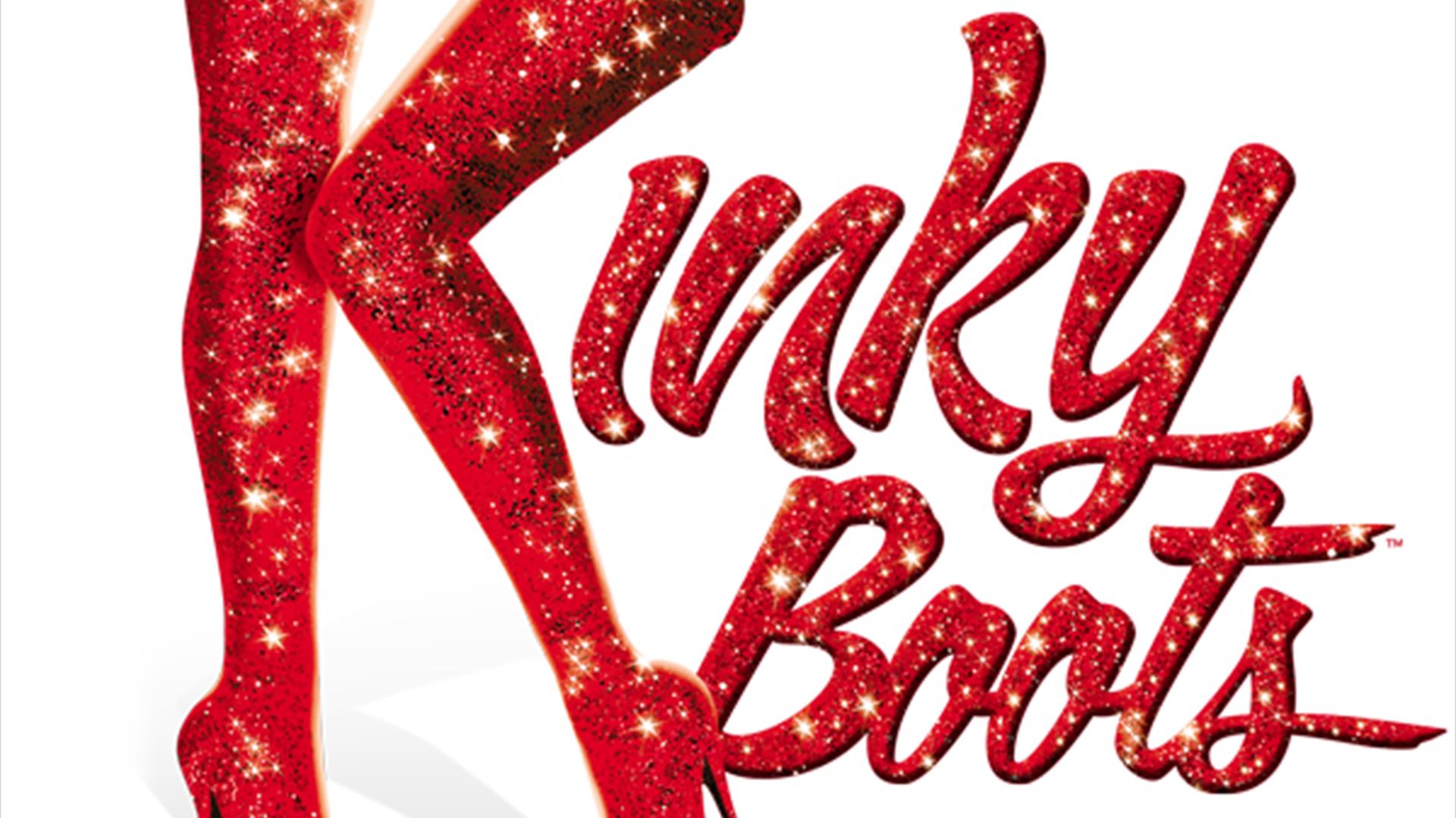 Image shows the words 'Kinky Boots' in red glitter. The letter 'K' is shown as a pair of legs wearing high heel shoes