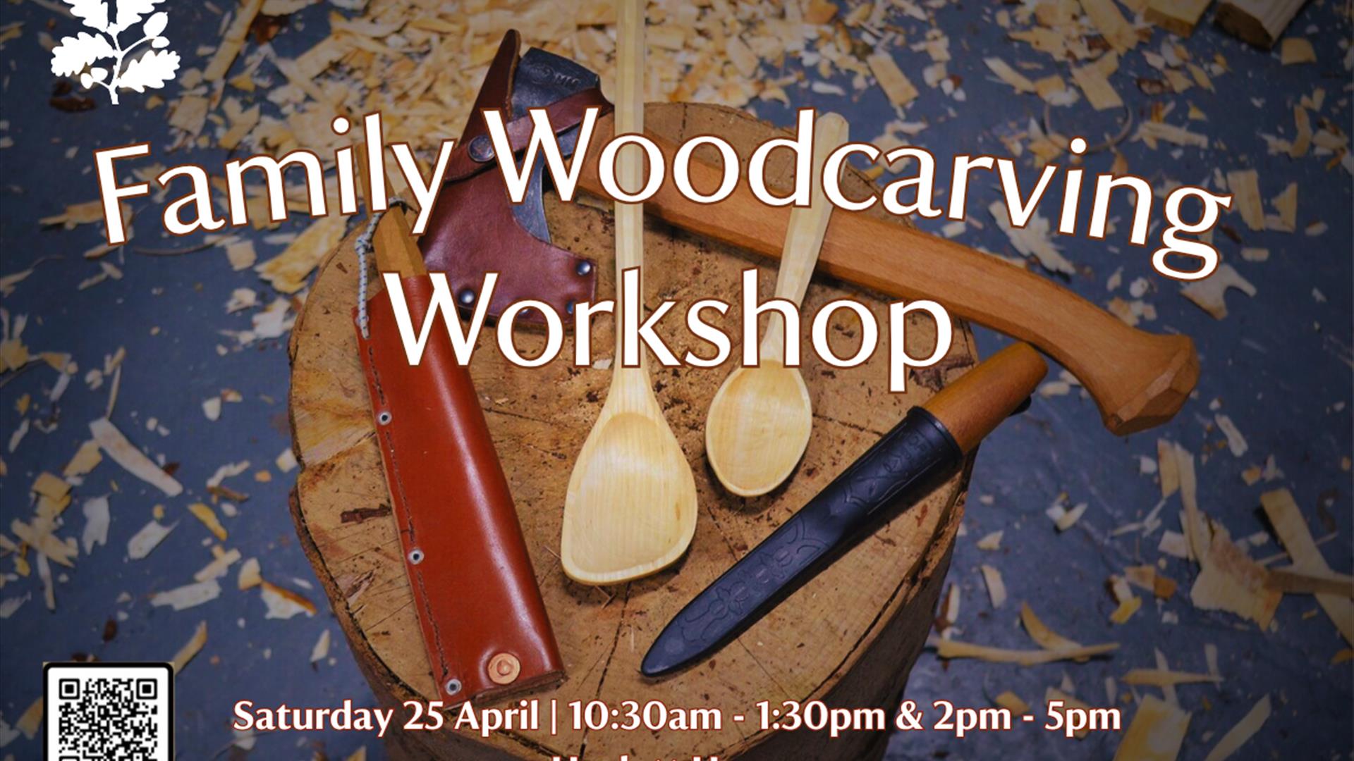 A promotional poster for a Family Woodcarving Workshop at Hezlett House. The background shows a large wooden stump used as a work surface, surrounded A promotional poster for a Family Woodcarving Workshop at Hezlett House. The background shows a large wooden stump used as a work surface, surrounded
