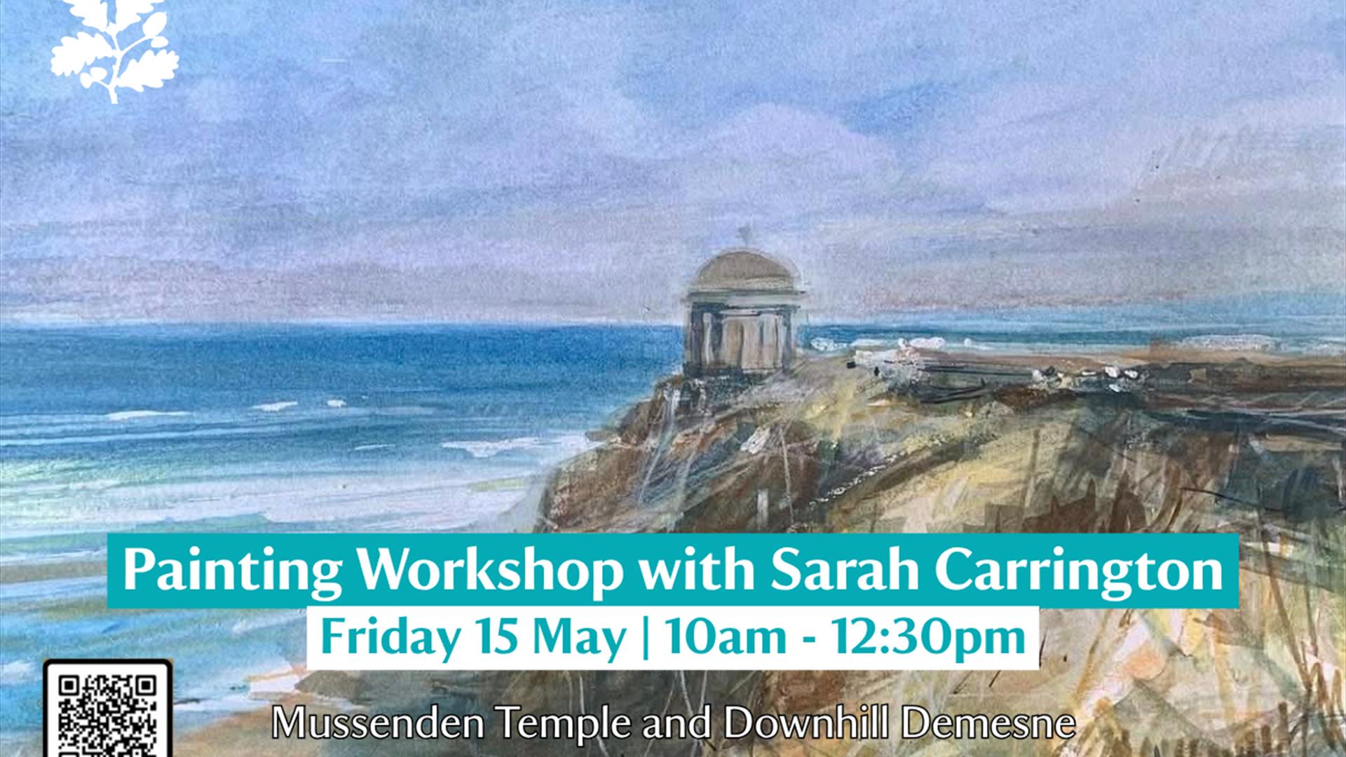 A promotional poster featuring a soft, expressive painting of the clifftop at Downhill Demesne, with Mussenden Temple perched near the edge overlookin A promotional poster featuring a soft, expressive painting of the clifftop at Downhill Demesne, with Mussenden Temple perched near the edge overlookin