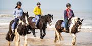 Group on horseback walking in the shallow water on the beach as part of the Saddle Up by the Sea experience with Crindle Stables