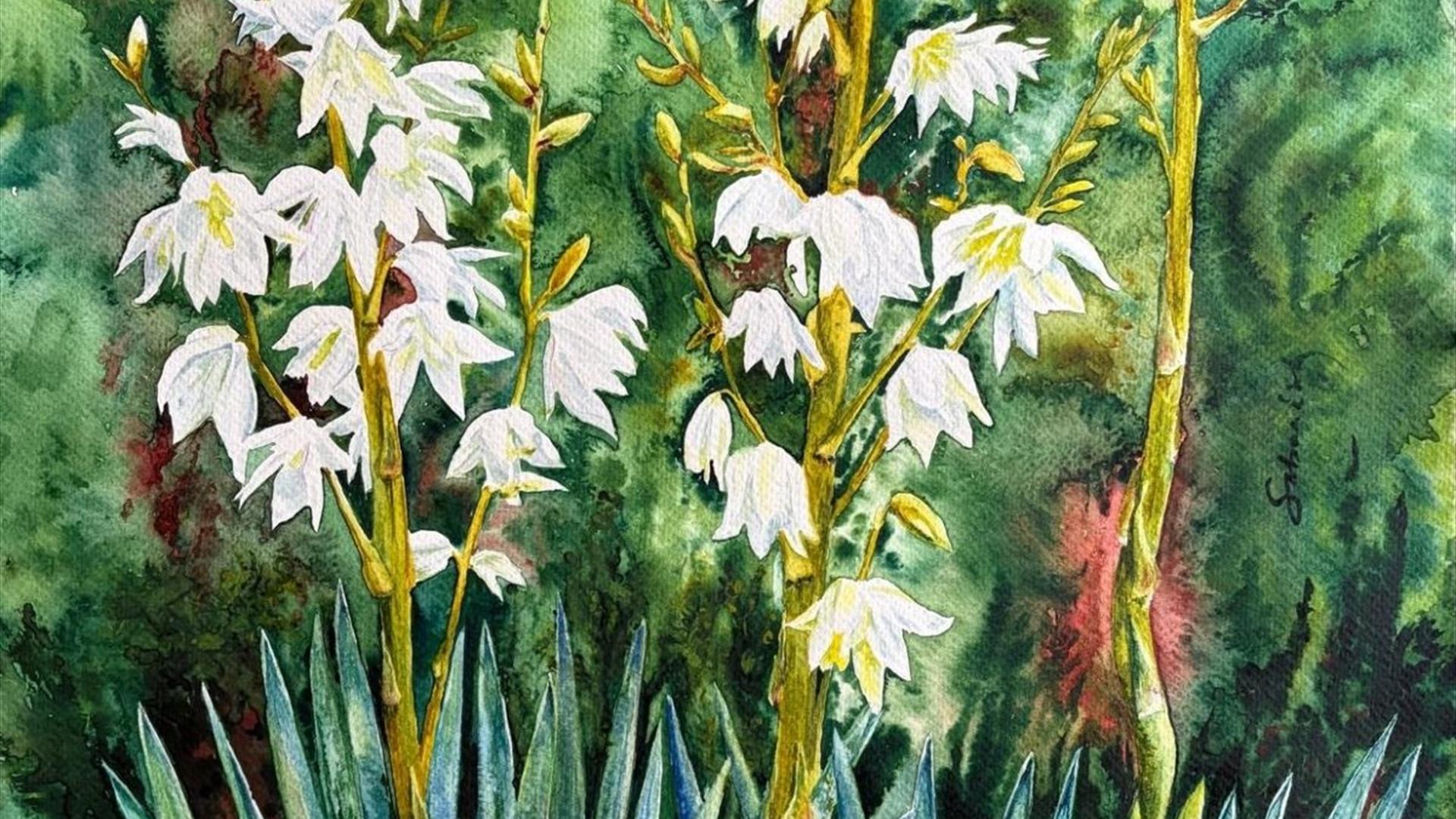 a painting of delicate white flowers growing from the grass a painting of delicate white flowers growing from the grass