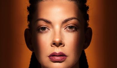 Image of a women with braids and pink lips, with the light shining in the middle of her face