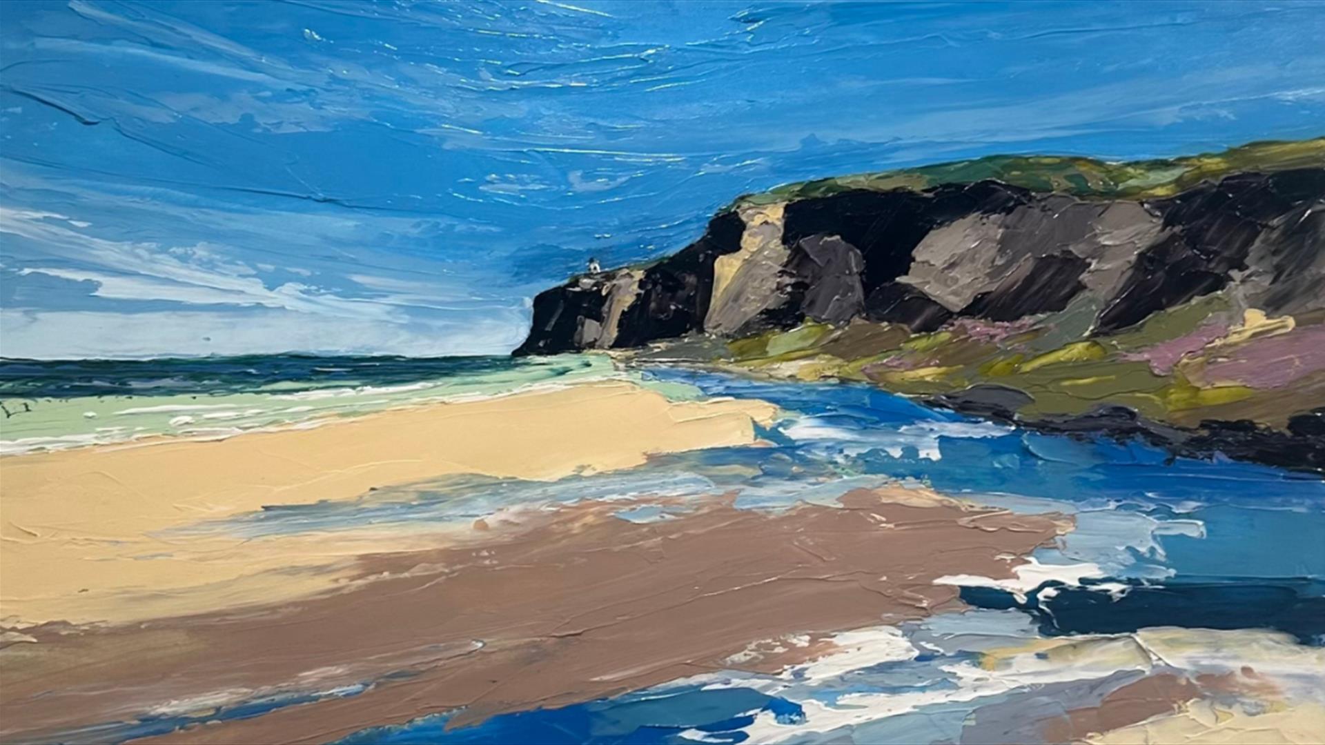 a painting of a breach with a cliff in the background a painting of a breach with a cliff in the background