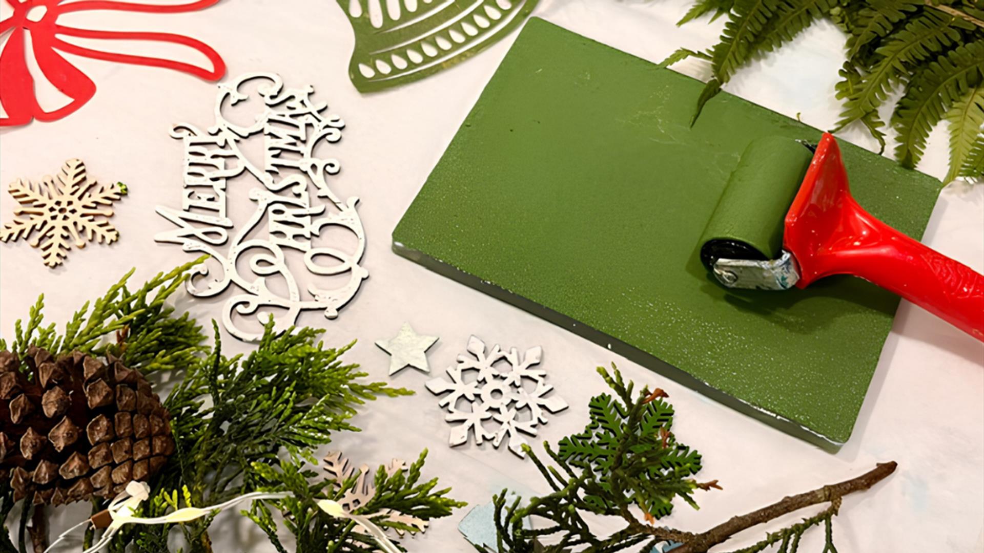 a number of materials for making and decorating christmas cards, including snowflakes, paint and mistletoes a number of materials for making and decorating christmas cards, including snowflakes, paint and mistletoes