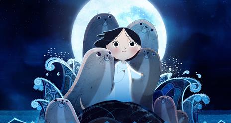 Illustration of  a  young child dressed in white with 4 seals around her, standing in front of a background with waves and spirits