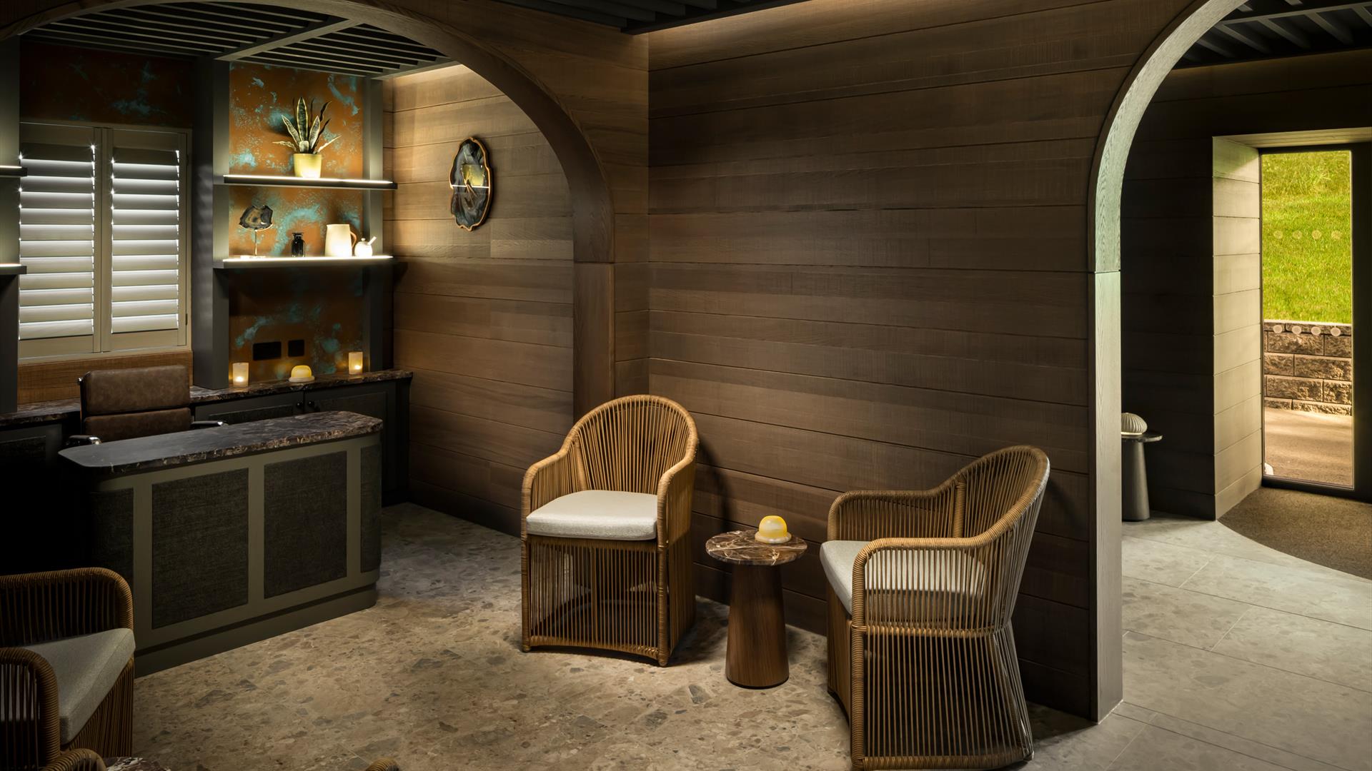 wooden chairs in the reception area of Dunluce Lodge Spa wooden chairs in the reception area of Dunluce Lodge Spa