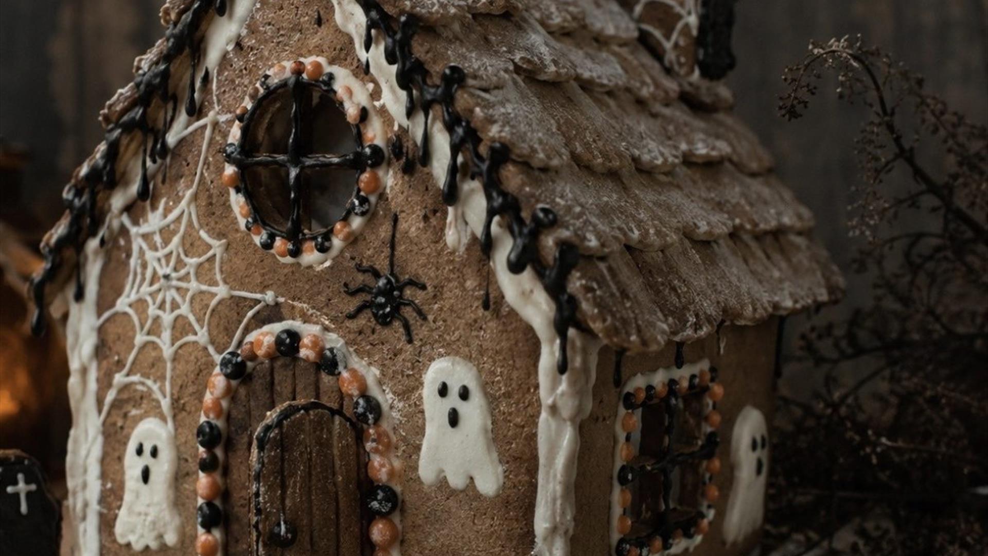 a gingerbread house is decorated with spiders, webs and ghosts for halloween a gingerbread house is decorated with spiders, webs and ghosts for halloween