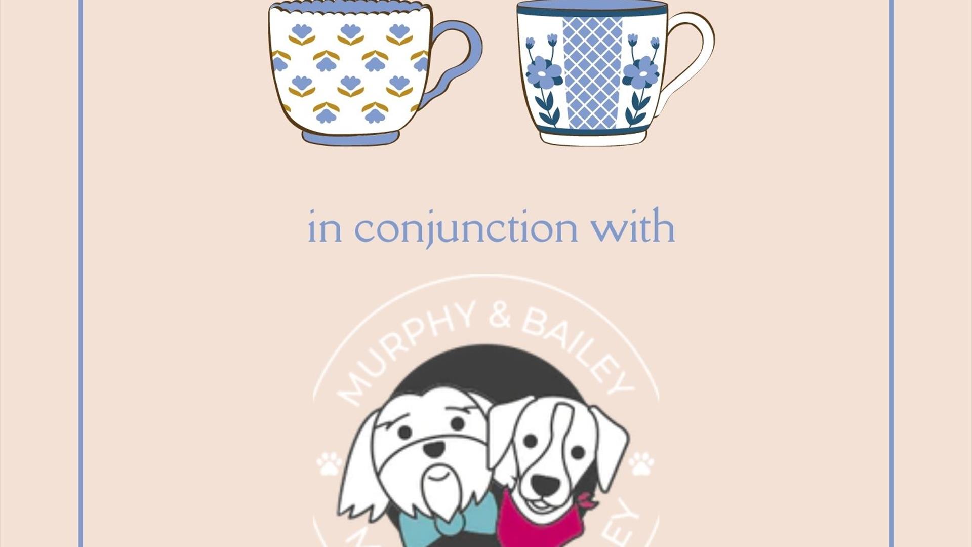 Image shows a poster with 'Pop Up Tea Shop' written with two blue tea cups and two white dogs