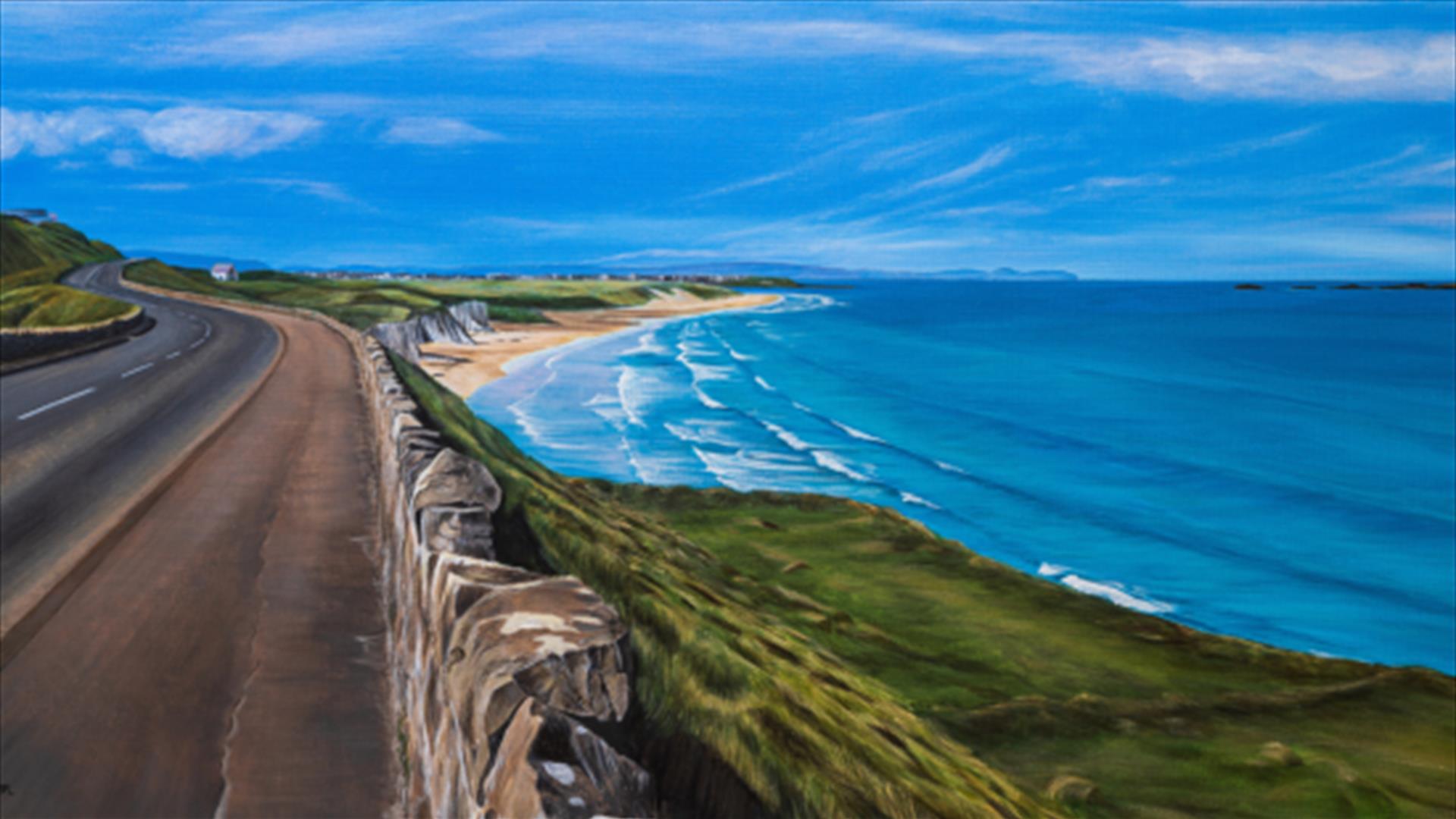 painting of a coastal road looking down on to a beach and the sea on a b right sunny day.