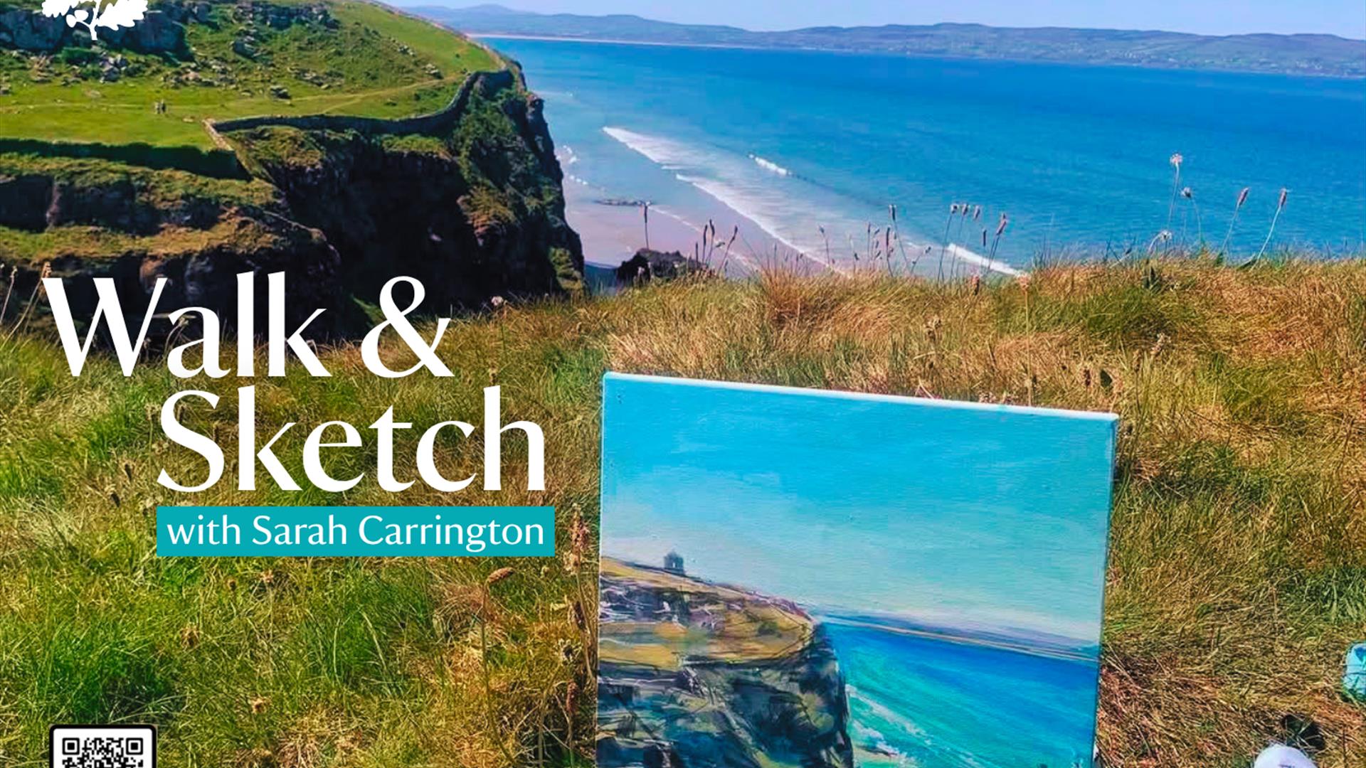 A canvas painting of Mussenden Temple, perched on the clifftop with Mussenden Temple in the foreground with bright blue skies and the sea. Text sits i A canvas painting of Mussenden Temple, perched on the clifftop with Mussenden Temple in the foreground with bright blue skies and the sea. Text sits i