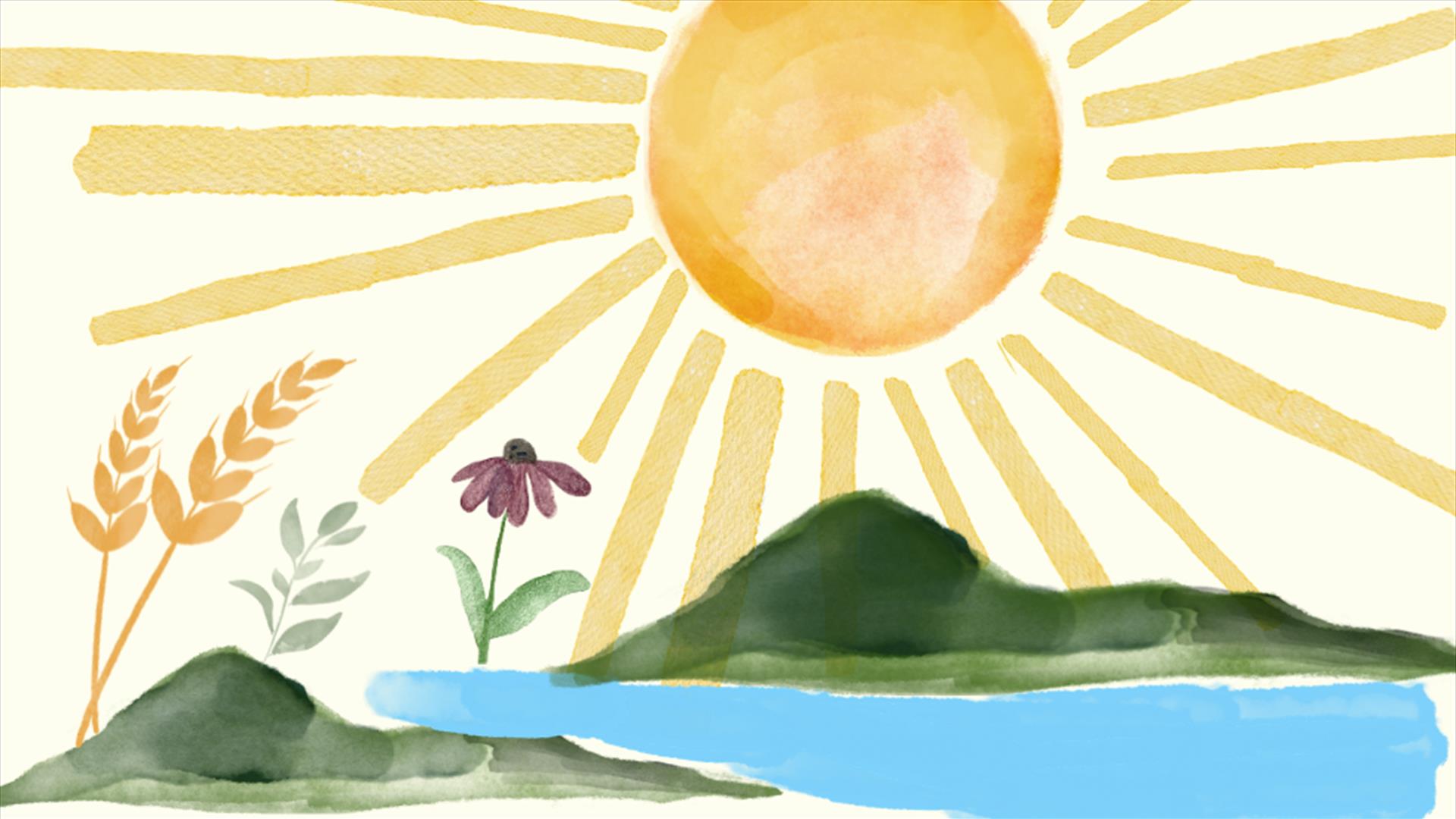 a watercolour painting of green hills, a lake, and a large sun casting rays from above a watercolour painting of green hills, a lake, and a large sun casting rays from above