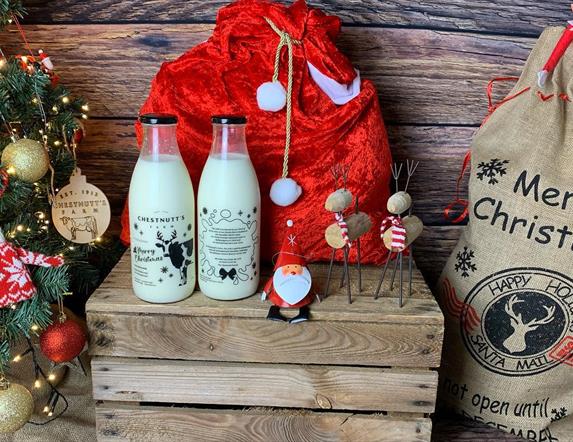 Christmas tree, milk bottles, santa and reindeers.