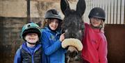 Image of three children wearing Crindle Stables jumpers petting a black horse