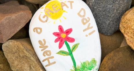 a picture of some brown stones with a white stone in the middle which has been painted to say 'Have a  Great Day' with a red flower and the sun