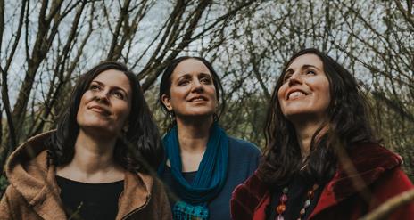 Image shows the Henry Girls, 3 women standing outside all smiling and looking upwards.