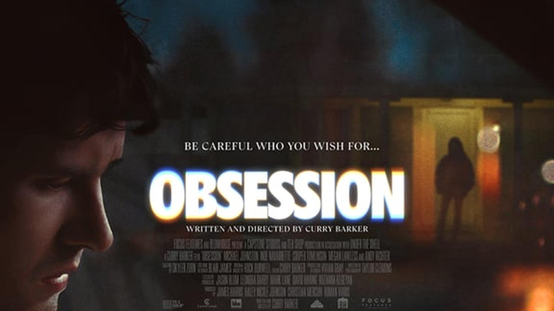 movie poster for Obsession with title and a side profile of a man looking downwards and a shadowy figure standing infront of a door in the background movie poster for Obsession with title and a side profile of a man looking downwards and a shadowy figure standing infront of a door in the background