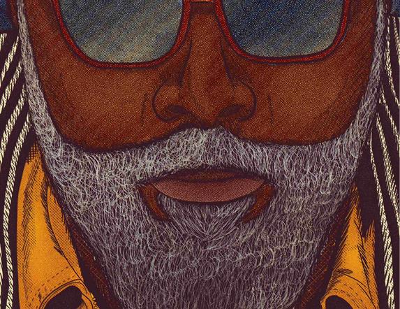 Image shows a drawing of a man with a grey beard wearing red sunglasses