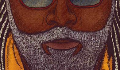 Image shows a drawing of a man with a grey beard wearing red sunglasses