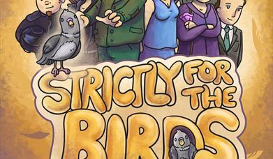 Cartoon poster of a group of people with two birds in front of them
