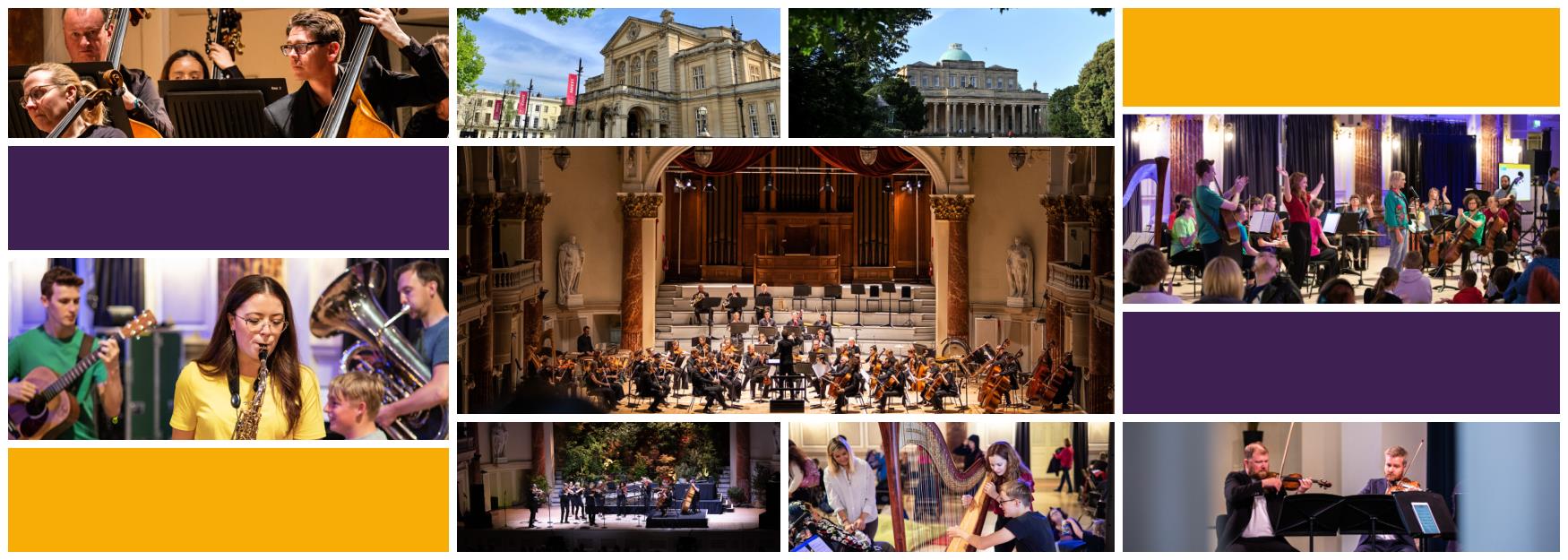 Collage of images showcasing classical music performances and venues in Cheltenham - Images by Cheltenham Festivals.