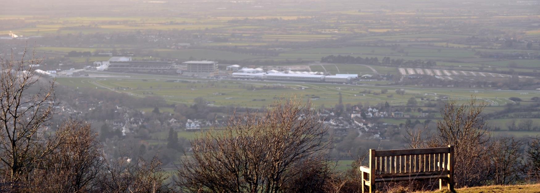 Spectacular view from Cleeve Hill overlooking Cheltenham racecourse