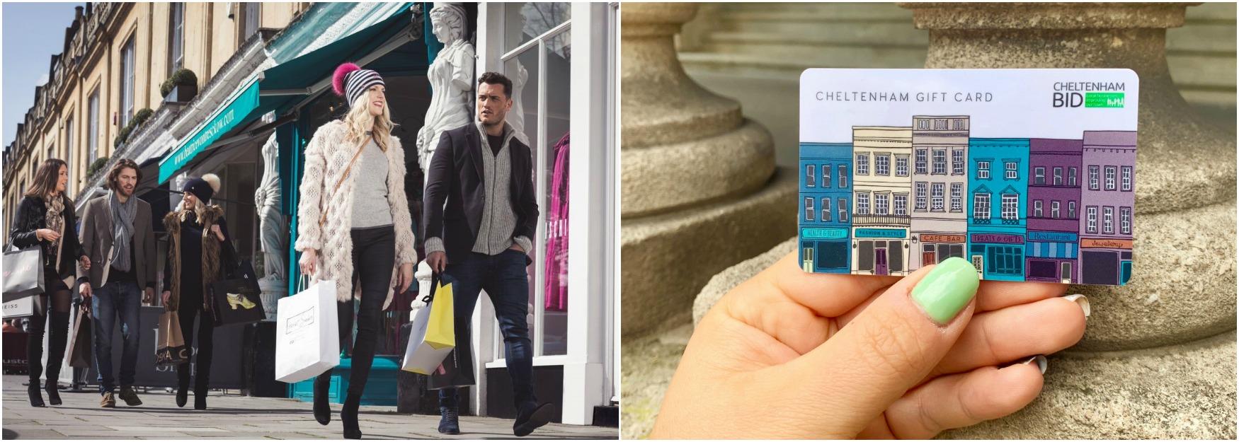 People shopping in Cheltenham alongside a photograph of the Cheltenham Gift Card