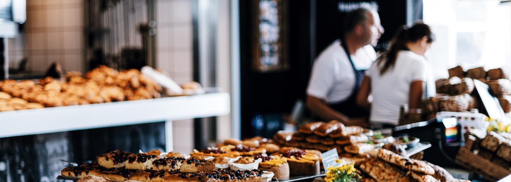 Close up of delicious looking pastries and breads in a cafe in Cheltenham