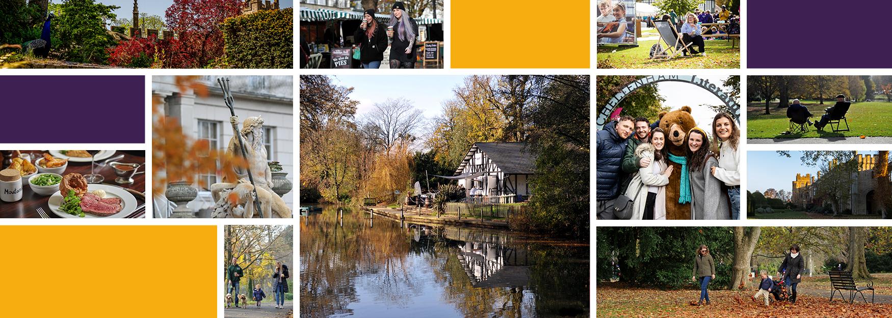 A collage of photos showing Cheltenham in autumn