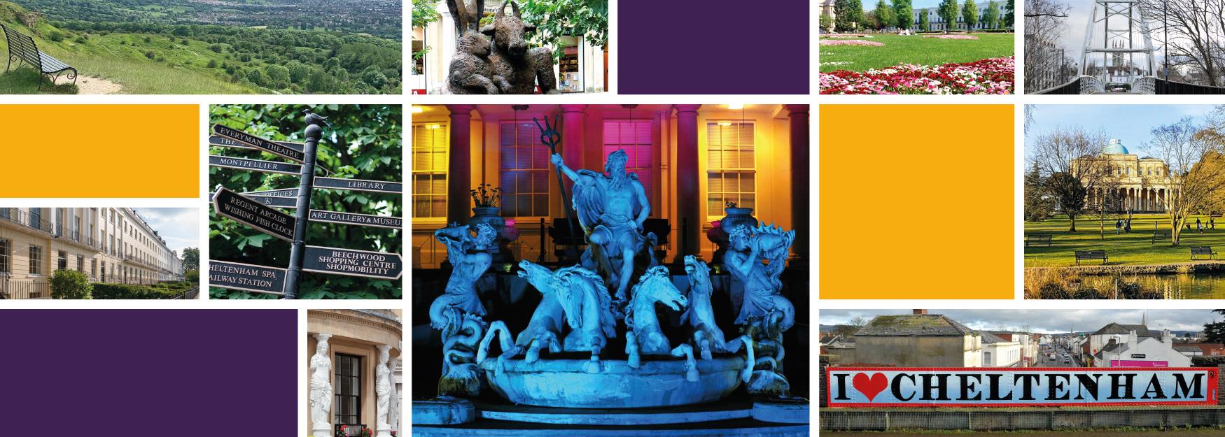 Collage of photographs and colours showing a range of things to see, do and explore in and around Cheltenham
