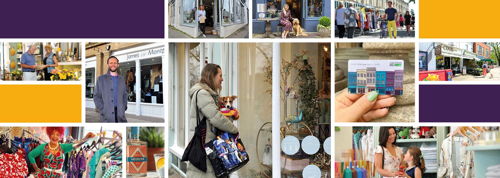 a collage of independent shops in Cheltenham