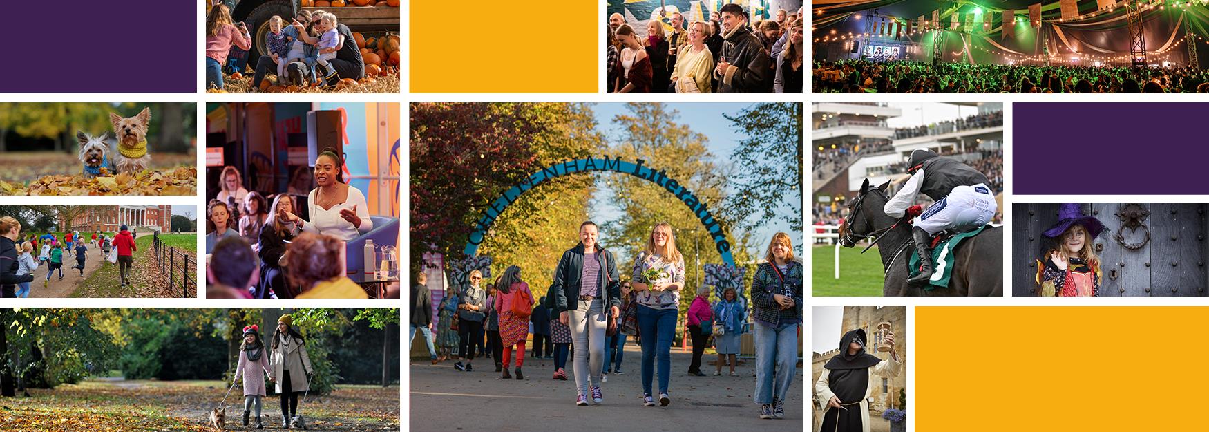 A collage of images showcasing October events in Cheltenham awell as the town's Autumn colours