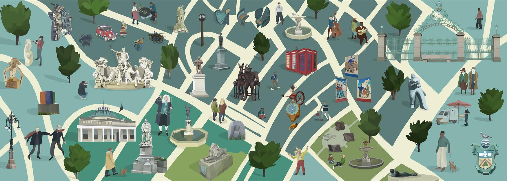 An illustrated map showing public art displays in Cheltenham