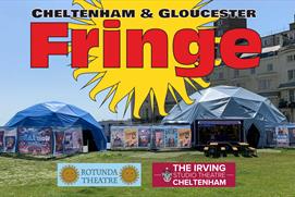 Cheltenham and Gloucester Fringe logo in front of Rotunda pop-up theatre