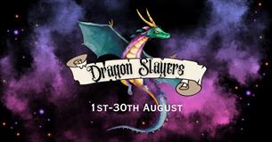 A colourful night sky with a painted dragon and the words dragon slayers over the top