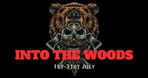 An illustrated skull wearing a bearskin hat with the words Into the Woods over the top
