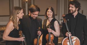 Castalian Quartet in formal black dress holding violins and cellos. 