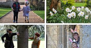 Collage of children wearing Easter bunny ears exploring the grounds of Sudeley Castle and Tudor characters