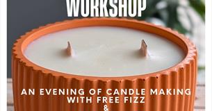 Image of a candle with text "An evening of candle making with free fizz & a gift bag"