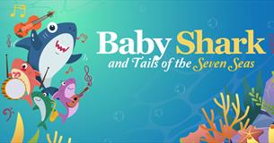 A graphic of four colourful sharks playing insturments under the sea