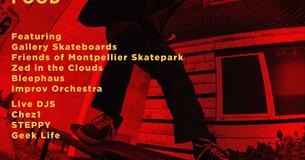 Dark red arty photograph of a silhouette of a skateboarder