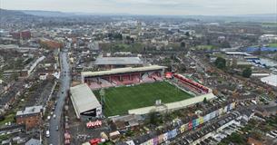 Aerial view of Kingsholm Stadium in Gloucester