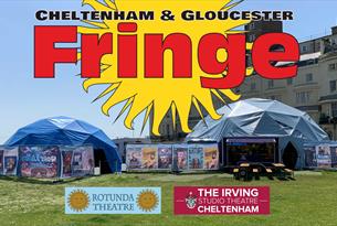 Cheltenham and Gloucester Fringe logo in front of Rotunda pop-up theatre