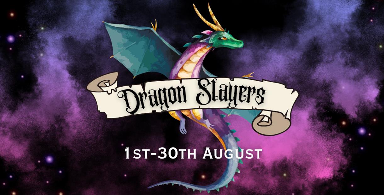 A colourful night sky with a painted dragon and the words dragon slayers over the top