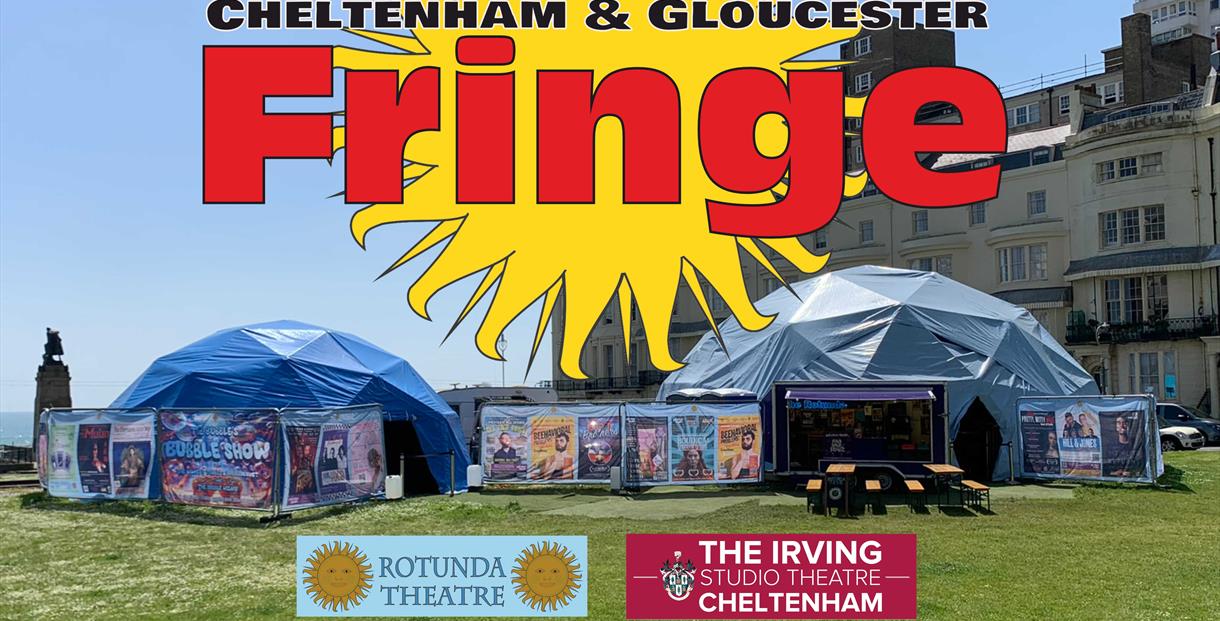 Cheltenham and Gloucester Fringe logo in front of Rotunda pop-up theatre