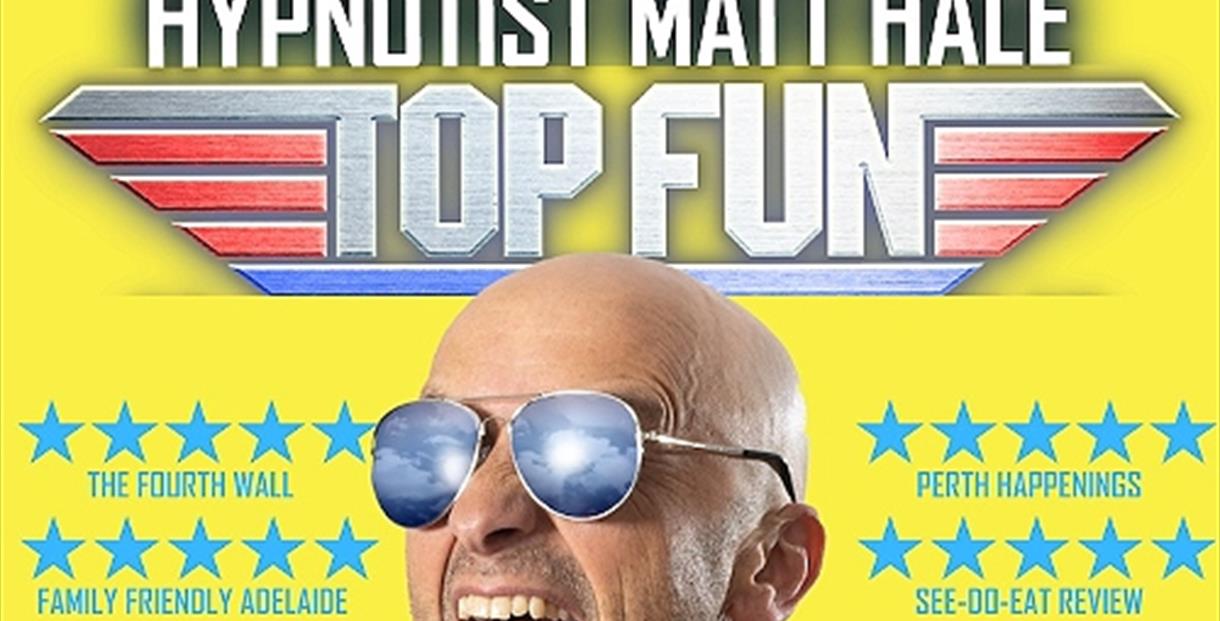A yellow image of Matt Hale the Hypnotist dressed like Top Gun Maverick