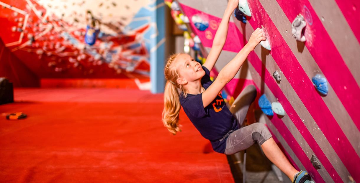 Children climbing boulders wall