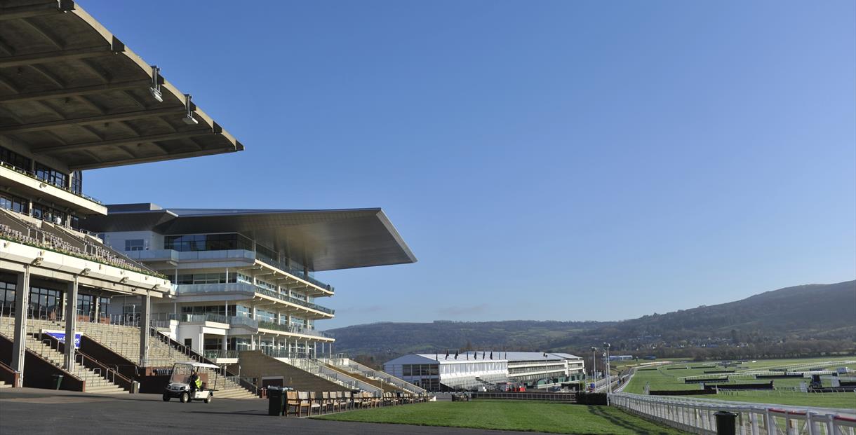 The exterior of Cheltenham Racecourse by the tracks